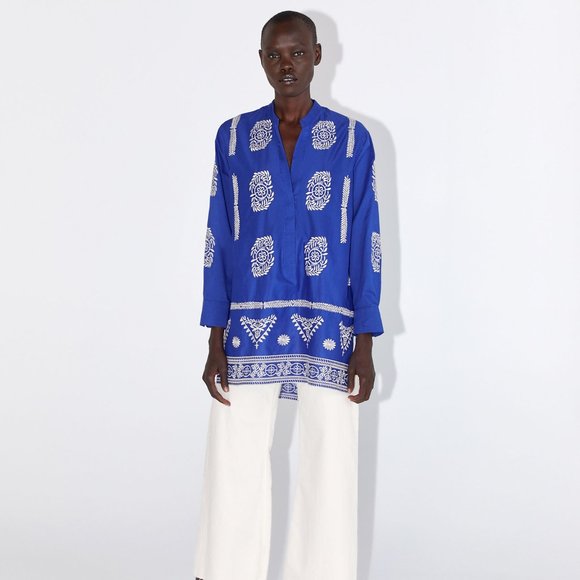 ZARA Embroidered Cotton Tunic Hi Lo Hem Blue with White Sz L/XL - Picture 1 of 13